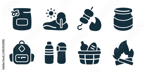 Picnic excellent icon collection. Set of outdoor chair, sun hat, hot grill, picnic basket, backpack gear, water bottle, fresh food basket, campfire icons