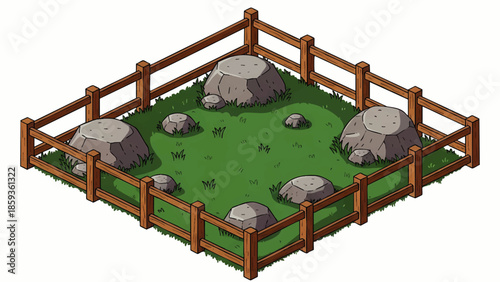 Isometric wooden fence encloses grassy paddock with large rocks isolated on white background.