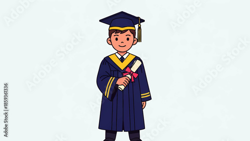 Young student in graduation cap and gown holds diploma scroll isolated on white background.