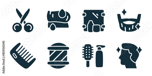 Barbershop excellent icon collection. Set of scissors, hair wash, mirror station, haircut chair, comb, barber pole, brush bottle, male profile icons