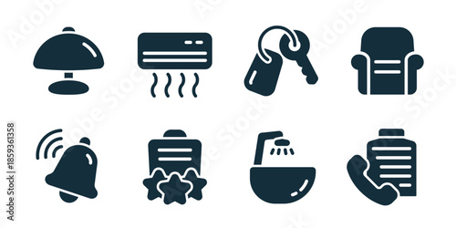 Hotel excellent icon collection. Set of notification bell, hotel rating, bathroom sink, phone service, front desk, washing machine, towels, safe box icons