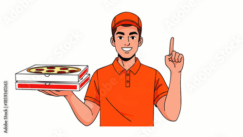 Smiling pizza delivery worker holds stacked boxes and points his finger up isolated on a white.