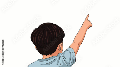 Boy seen from behind points his right index finger upward against a plain white background for.