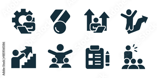 Leadership excellent icon collection. Set of team leader, achievement medal, career growth, success jump, promotion stairs, teamwork support, checklist plan, public speaking icons
