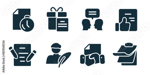 Deal and handshake excellent icon collection. Set of time contract, gift agreement, discussion talk, like approval, signed document, negotiation person, document exchange, stacked files icons