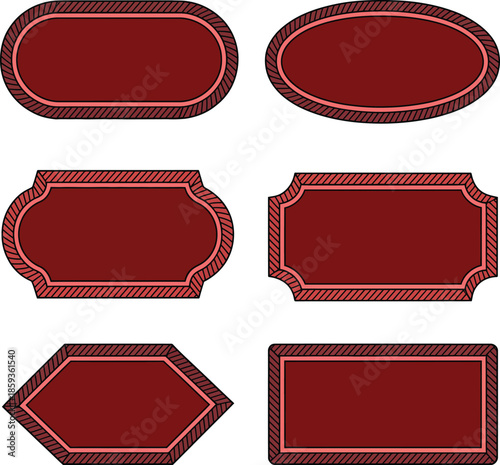 A collection of six ornate vintage frames in deep red color on a white background.