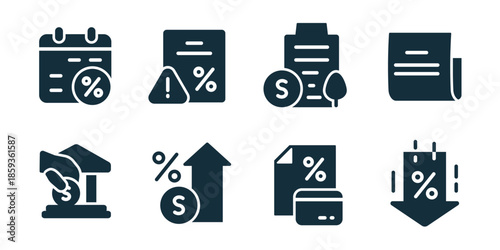 Credit and mortgage excellent icon collection. Set of calendar rate, warning document, approved credit, contract file, bank payment, rate growth arrow, credit card document, rate decline icons