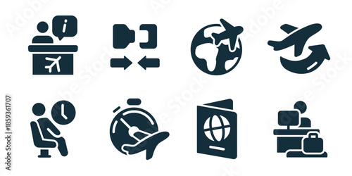 Airport services excellent icon collection. Information desk, connection transfer, global flight, return flight, waiting passenger, flight timer, passport control, baggage desk icons