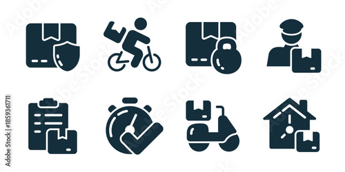 Logistics and delivery excellent icon collection. Secure parcel, courier bicycle, locked package, delivery worker, document tracking, stopwatch control, scooter shipping, home delivery icons