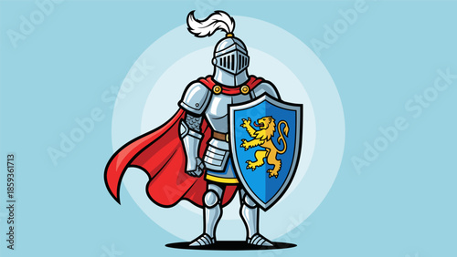 Cartoon Knight in Shining Armor with Shield and Cape.