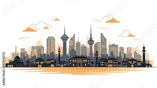 Dynamic Kuwait City Skyline Silhouette Stylized Flat Vector Illustration Showcasing Iconic Modern Architecture and Historic Buildings in a Panoramic Urban Vista