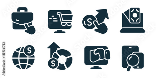 Digital commerce excellent icon collection. Secure access, online shopping, revenue growth, laptop payment, global finance, investment growth, ecommerce display, search finance icons