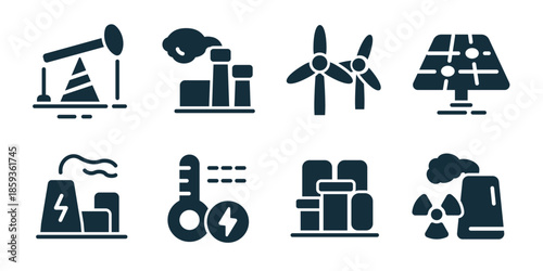 Environmental industry excellent icon collection. Construction barrier, factory pollution, wind energy, solar platform, power plant, energy temperature, storage facility, nuclear waste icons