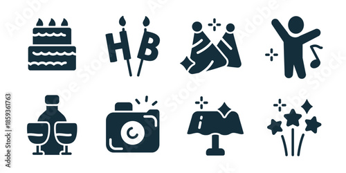Food and leisure excellent icon collection. Birthday cake, barbecue skewers, toast celebration, music dance, wine glasses, camera capture, table decor, fireworks icons