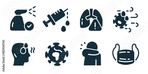 Disease prevention excellent icon collection. Disinfection spray, injection syringe, lung warning, virus spread, headache symptom, global infection, cough alert, mask protection icons
