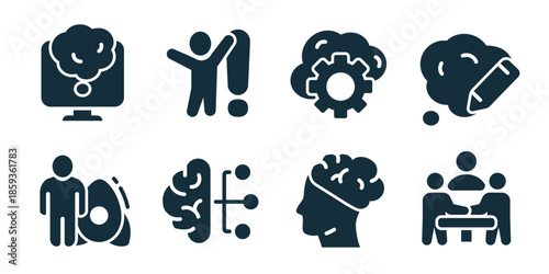 Brainstorm innovation excellent icon collection. Creative thinking screen, big idea exclamation, gear system, sketch pencil, collaboration meeting, strategy mind, and solution icons