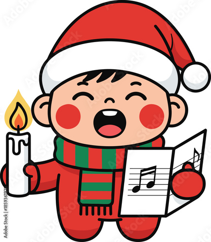 Cute Child Singing Christmas Carol Holding Candle and Song Sheet Cartoon Vector Illustration