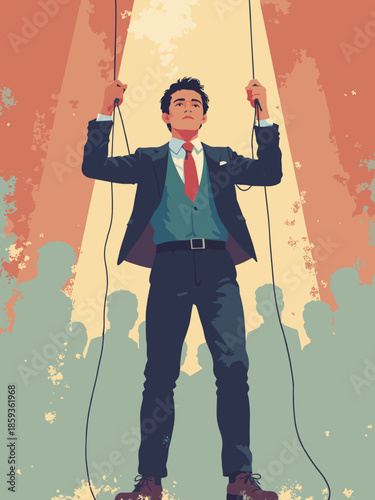 A marionette puppet (male) cutting his own strings. 'Breaking Free' or 'Control' concept. Flat vector illustration