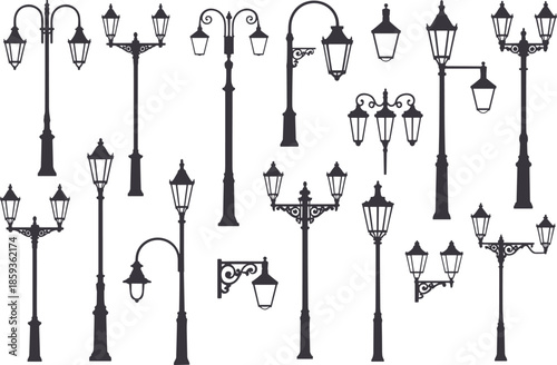 Collection of seventeen ornate vintage street lamp silhouettes with decorative designs, showcasing urban architecture, historical lighting and classic outdoor fixtures