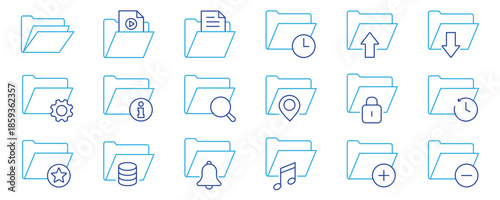 Collection of outline icons representing folders with documents for organization and data management vector