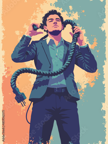 A man unplugging a giant cable from his head. 'Digital Detox' concept. Flat vector, tech style