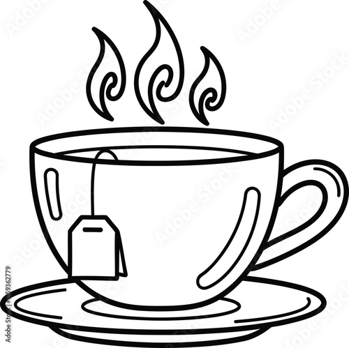 Steaming cup of tea with teabag on saucer