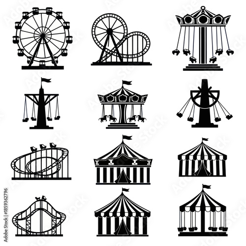 Amusement Park Rides Silhouettes - Ferris Wheel, Roller Coaster, Carousel, and Tent.