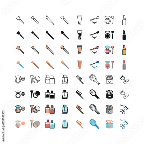 Beauty salon set icon line glyph color featuring makeup tools and cosmetic products