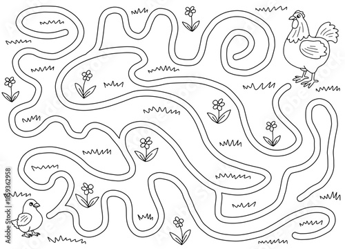 Chicken maze graphic black white sketch illustration vector