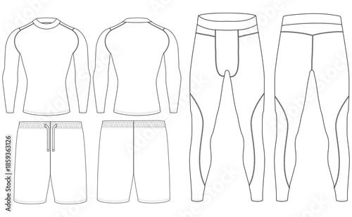 Men Gym Sports Training Outfit Technical Flat Sketch Front and Back View