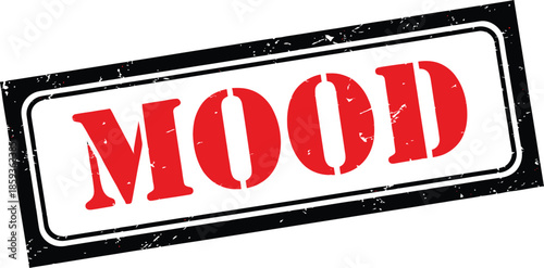 A grunge style stamp displaying the word mood in bold red lettering with a black outline