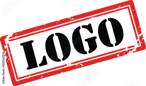A simple visual representation of a red rectangular stamp displaying the word logo in bold black letters