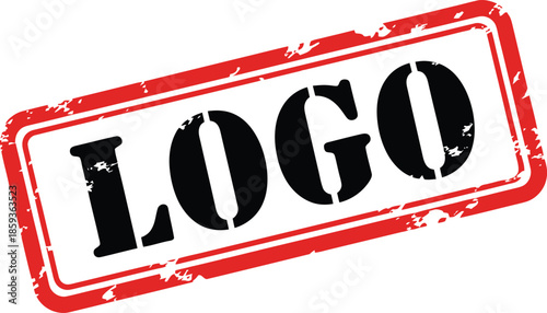 A prominent red rectangular stamp displaying the word logo in bold black capital letters is centered on a white background
