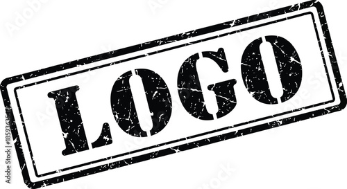A black and white rubber stamp displaying the word logo in bold uppercase letters with a distressed texture