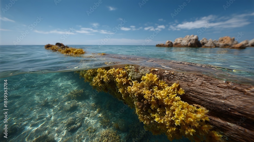 Fototapeta premium Split view of a weathered log with marine growth half submerged in clear ocean water revealing rocky seabed and sky