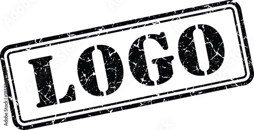A grunge style stamp graphic depicting the word logo in bold uppercase letters centered within a rectangular frame