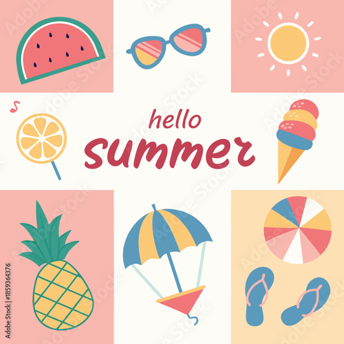 Hello Summer Collection of Vacation Elements. Flat Design Warm Season Icons.