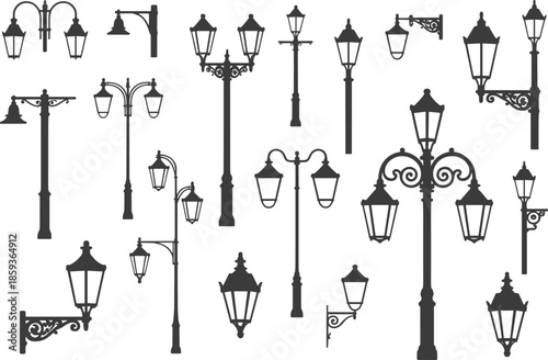 Collection of ornate vintage street lamp silhouettes with decorative designs, showcasing classical architecture, urban lighting and historical outdoor fixtures