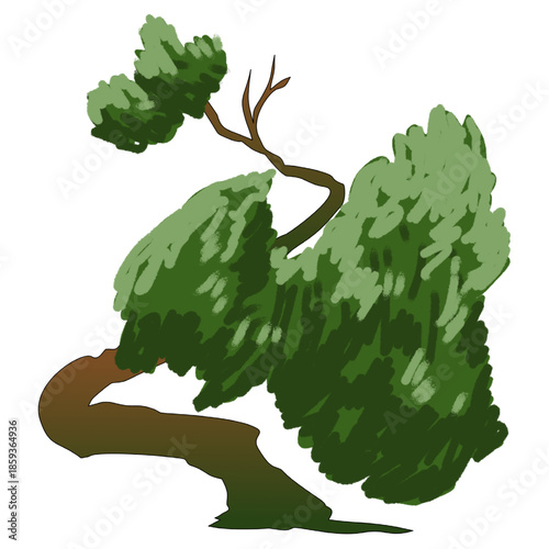 "Resilience and Adaptation." It depicts a gnarled, windswept tree that has been shaped by the persistent forces of nature. The deep curves of the trunk and the dense, leaning foliage represent the con