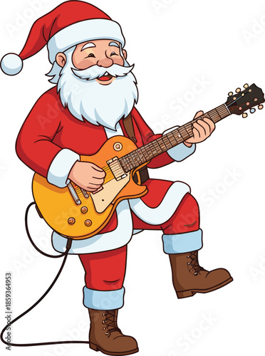 Santa Claus Playing Electric Guitar Rock Music Cartoon Character Christmas Vector Illustration