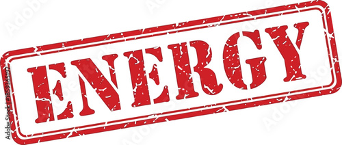 A rectangular red stamp is prominently displayed featuring the word energy in bold capitalized white lettering