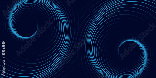 Abstract blue glowing geometric lines on dark blue background. Modern shiny blue circle lines pattern. Futuristic technology concept. Suit for cover, poster,