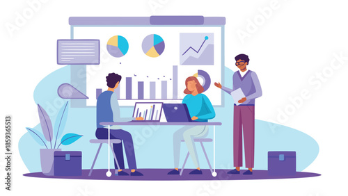 Team brainstorming session with data analysis and charts on whiteboard in modern office setting