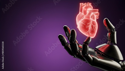Futuristic robot hand holding glowing red digital heart for medical cardiology and artificial organ