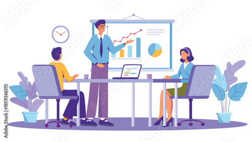 Business presenter explaining graph on whiteboard to colleagues in modern office setting with plants and technology