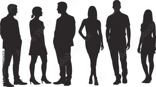 Silhouettes of six diverse people standing side by side in casual attire, symbolizing teamwork, community, lifestyle diversity and social interaction
