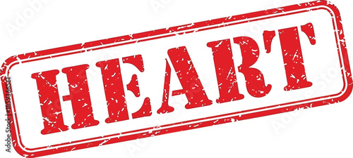 A distressed red rectangular stamp prominently displays the word heart in bold capital letters evoking emotion