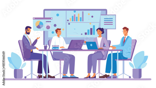 Flat vector illustration of four professionals collaborating in a modern meeting room with laptops and data visualizations on a large screen