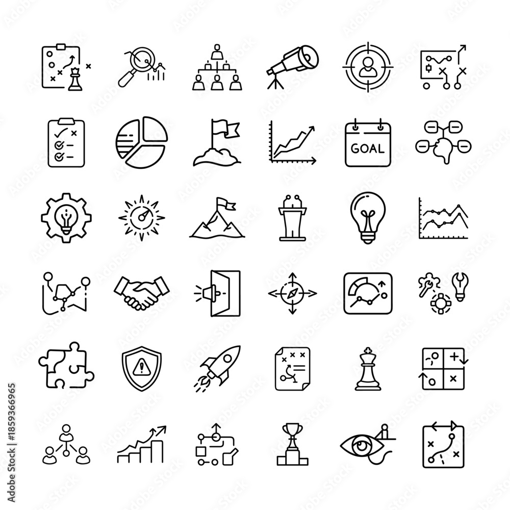 Fototapeta premium Business strategy and planning icons set outline vector