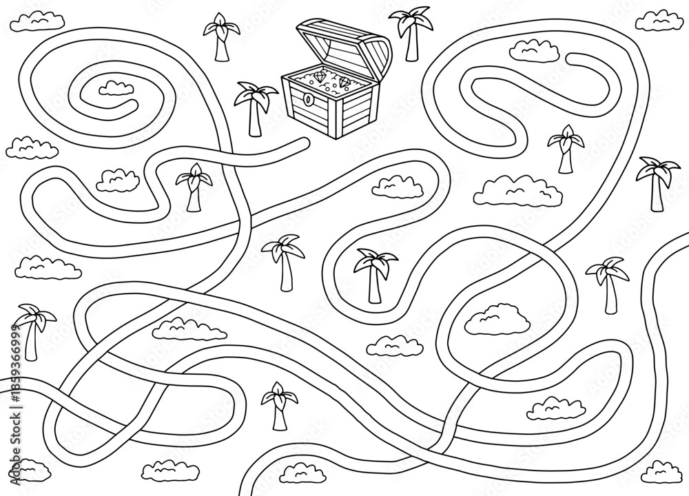 Fototapeta premium Treasure maze graphic black white sketch illustration vector